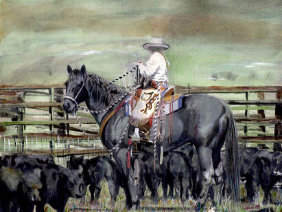 Caitlyn in the Cattle Yard, Wildlife Artist Penny Winn, Madrid New Mexico, Watercolor Painting